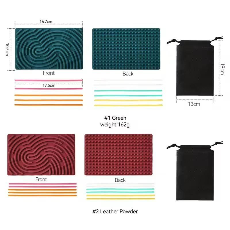 Green and leather powder sensory development board for kids with textured surfaces and colorful sticks with storage bags
