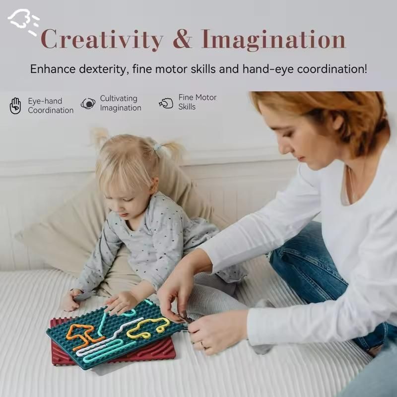 Mother and toddler playing with sensory development board for kids enhancing creativity and fine motor skills