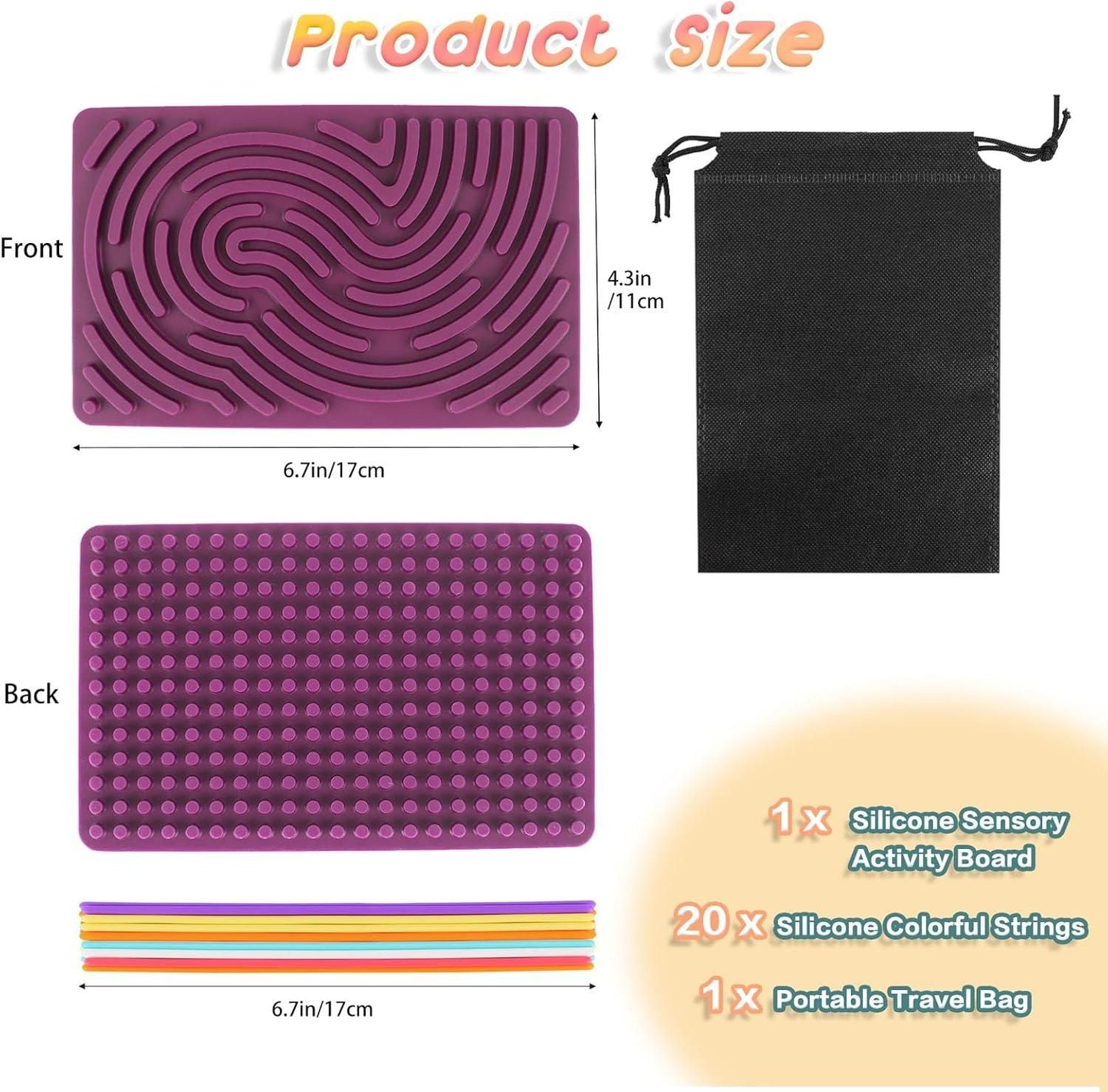Silicone sensory development board for kids with colorful strings and portable travel bag