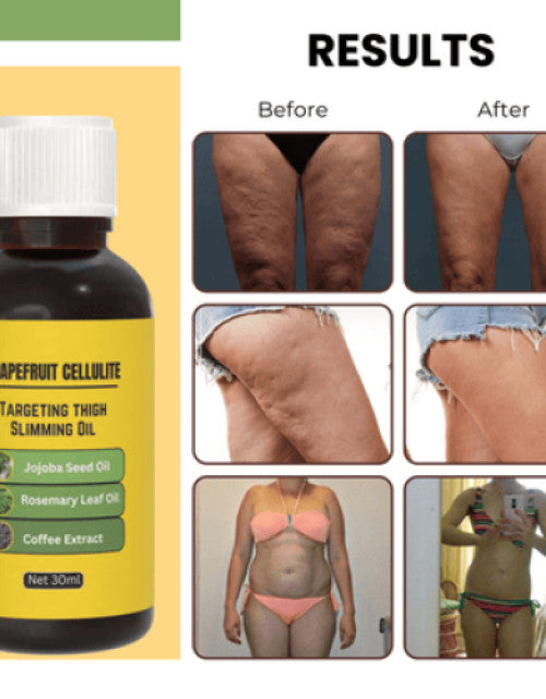 The Gir Farmer grapefruit cellulite treatment oil pack with before and after results on thighs and body showing reduced cellulite