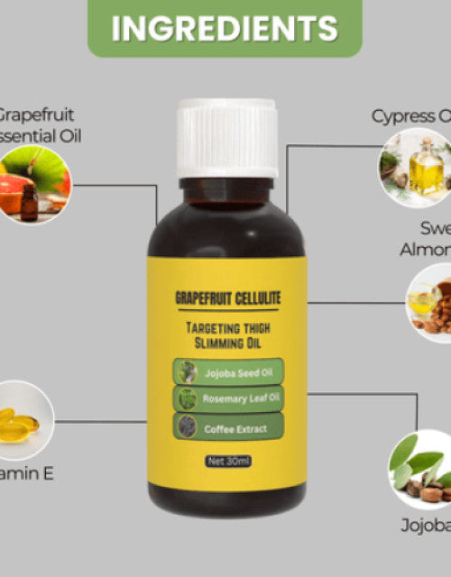 The Gir Farmer grapefruit cellulite treatment oil pack in a 30ml bottle with jojoba seed oil and rosemary leaf oil