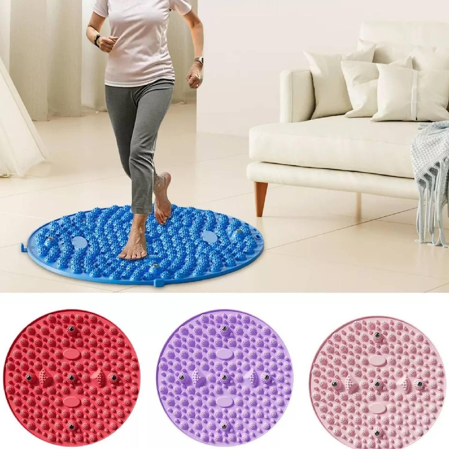 Silicone foot massage pad in blue, red, purple, and pink with textured surface for foot relief