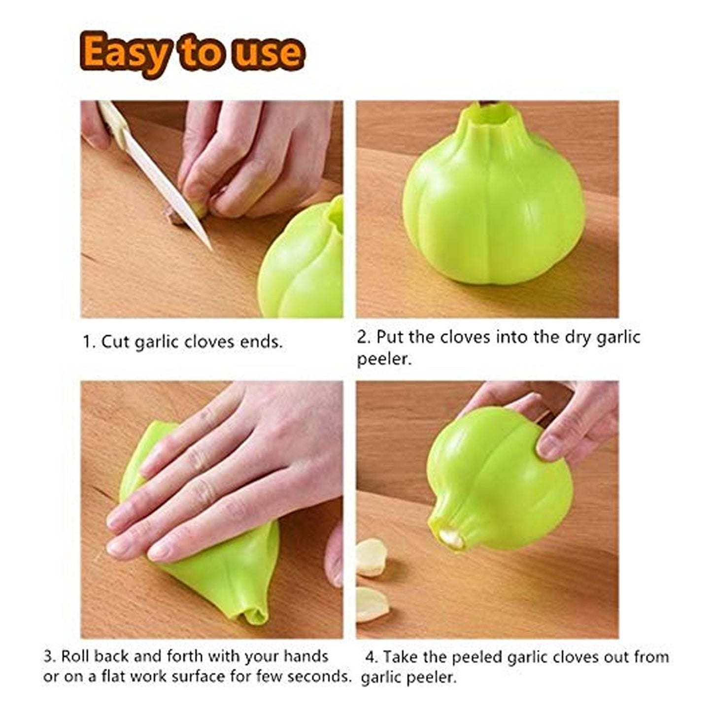Silicone garlic peeler demonstrating easy use with step-by-step instructions for peeling garlic cloves