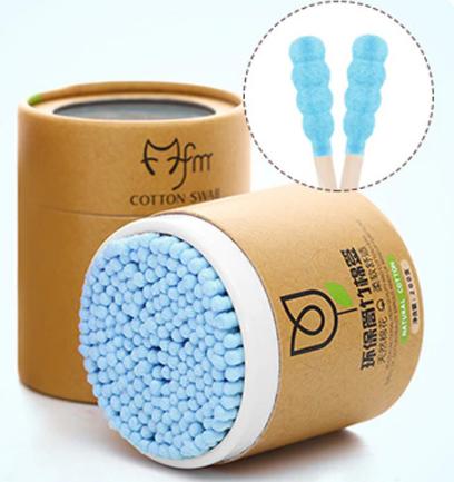 Soft wood stick cotton swabs with blue cotton tips in eco-friendly brown packaging by The Gir Farmer