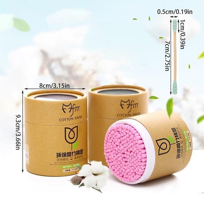 The Gir Farmer soft wood stick cotton swabs with biodegradable brown packaging and pink cotton tips