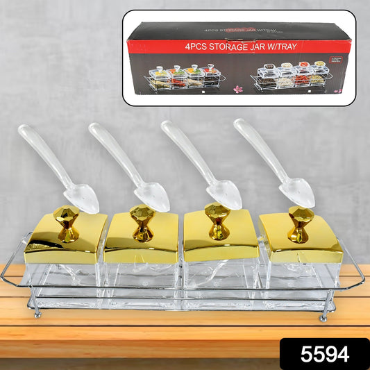 Storage Jar Set One Set with 4 Jars with Lids, Tray & 4 Spoon for Coffee, Tea, Sugar for Storage jar With Tray for Home Kitchen Your Brand