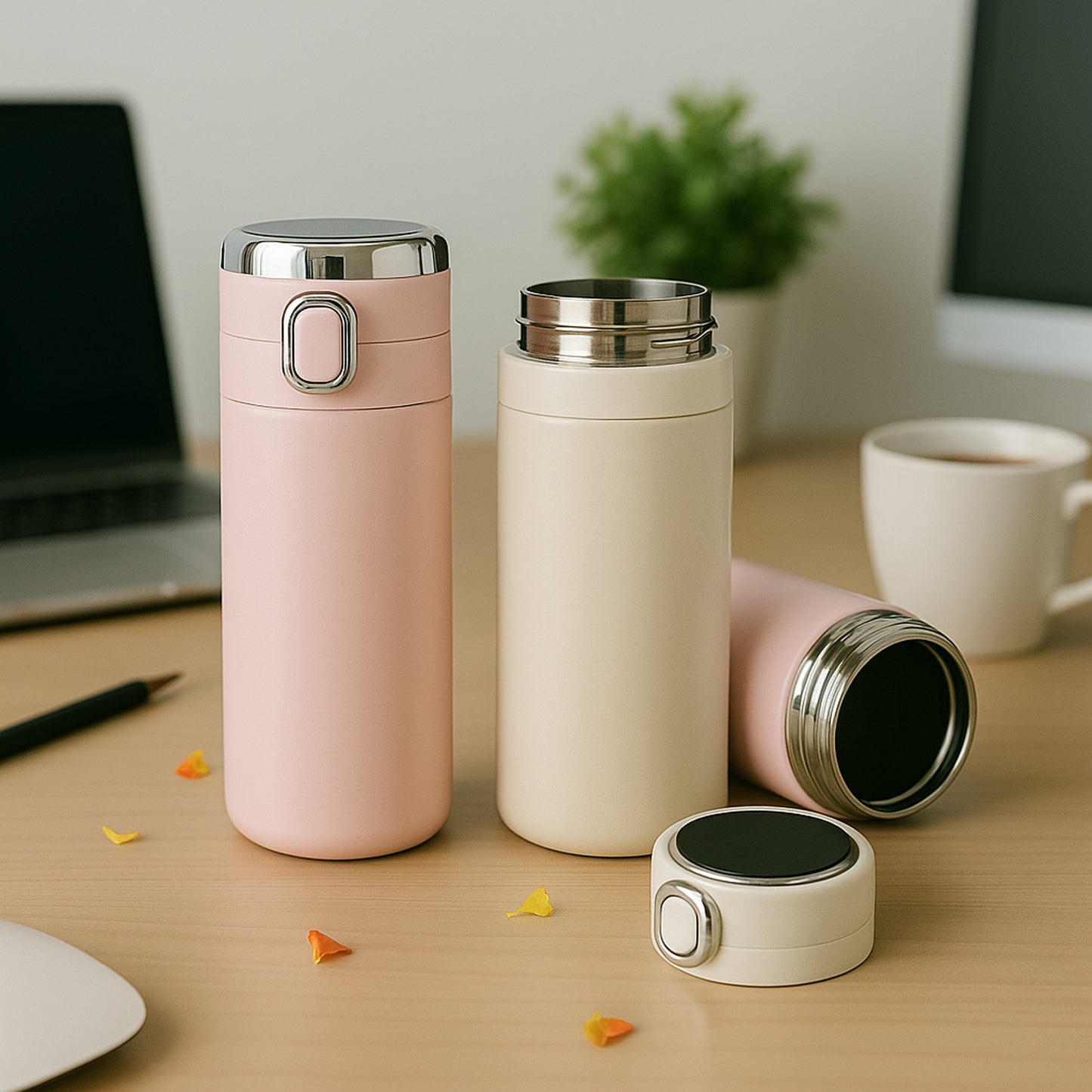 Wukusy smart insulated water bottle in pink and white, perfect for keeping beverages at the right temperature