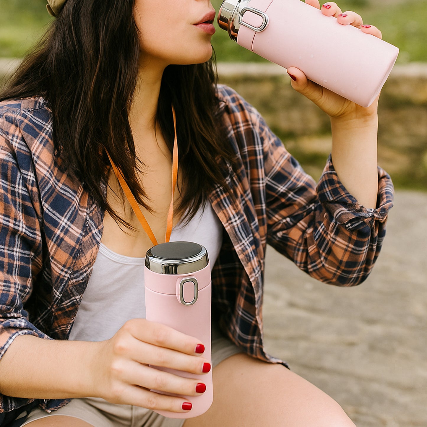 Woman drinking from a pink smart insulated water bottle outdoors for hydration on the go
