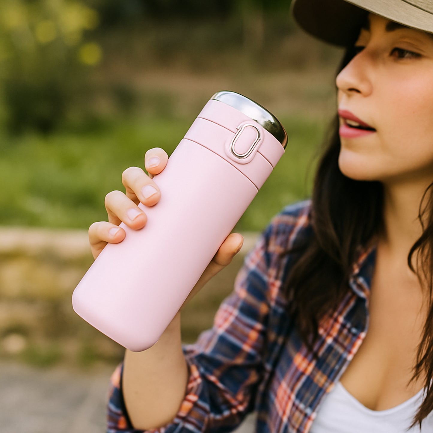 Wukusy smart insulated water bottle in pink held by a woman outdoors
