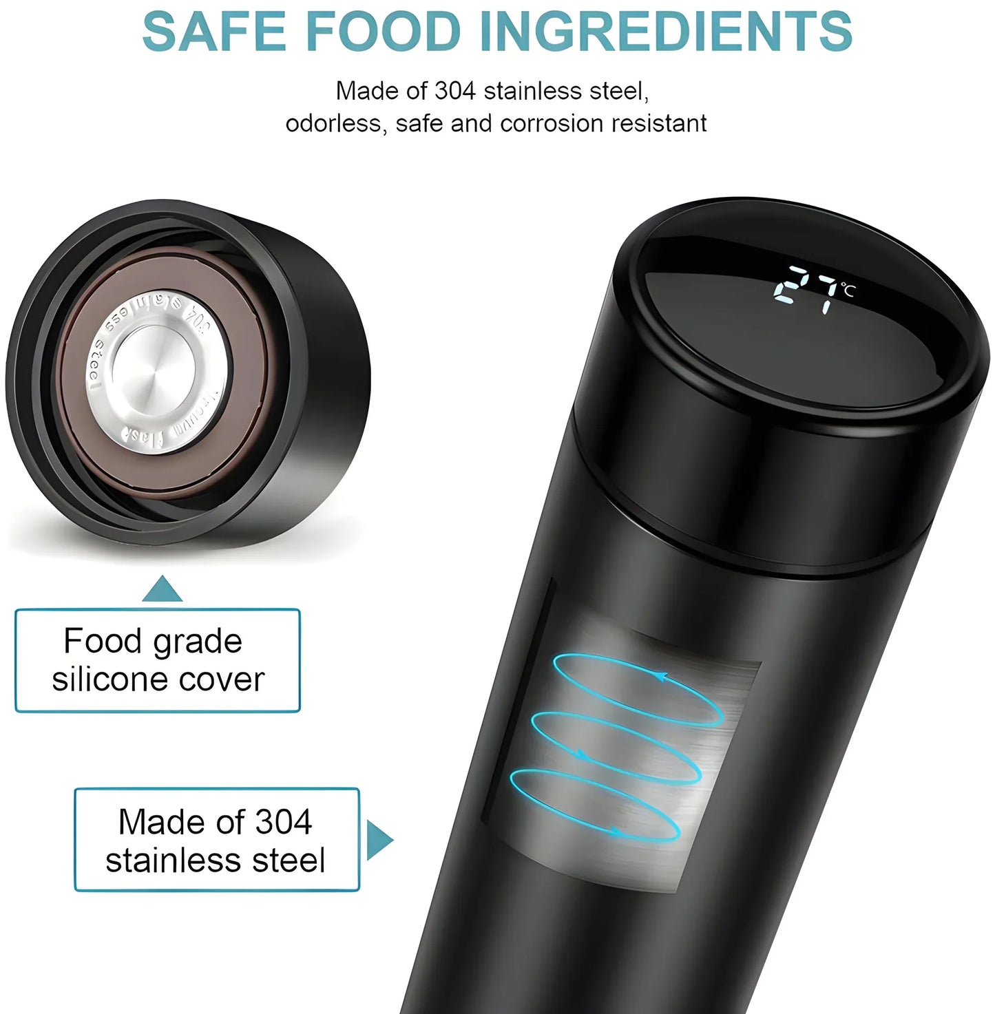 Smart insulated water bottle with temperature display in black and food grade silicone cover for safe use