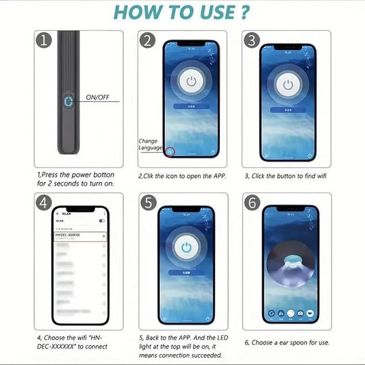 Instructions for using the smart visual ear wax cleaner with app connectivity and various ear tips
