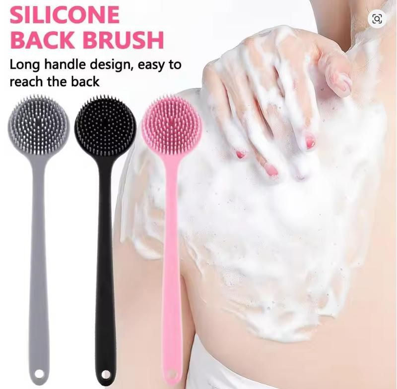 THE GIR FARMER soft bath body brush for shower with long handle in gray black and pink silicone bristles