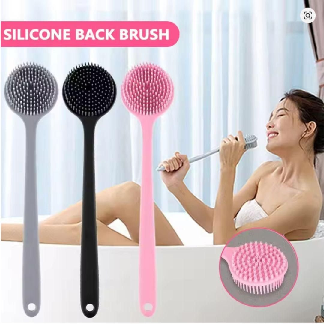 Soft bath body brush for shower by THE GIR FARMER in gray black and pink silicone with long handles