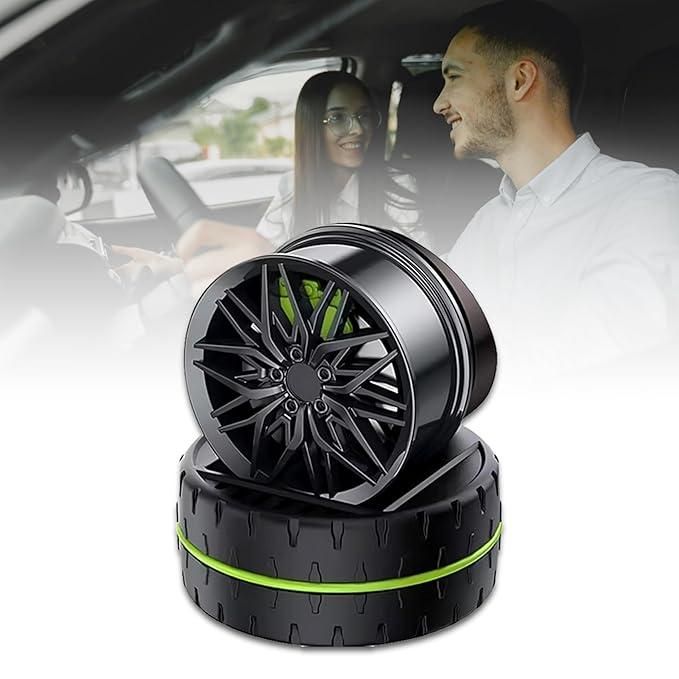 Solar powered car air freshener designed like a stylish tire rim for an enhanced driving experience