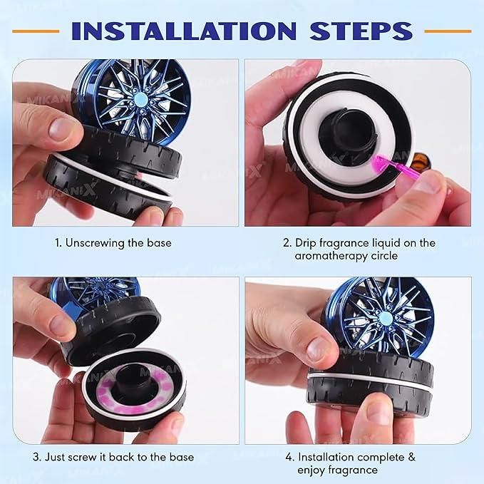 Installation steps for solar powered car air freshener showing how to fill and assemble