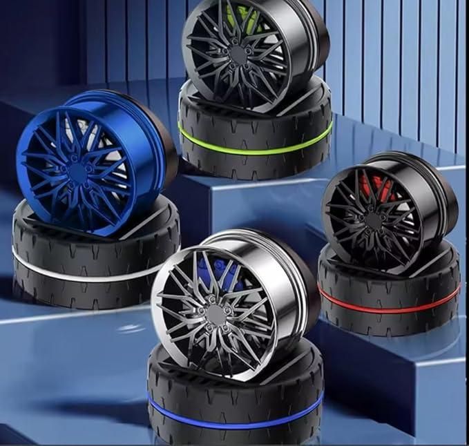 Colorful solar powered car air freshener shaped like tires and wheels for a stylish automotive touch
