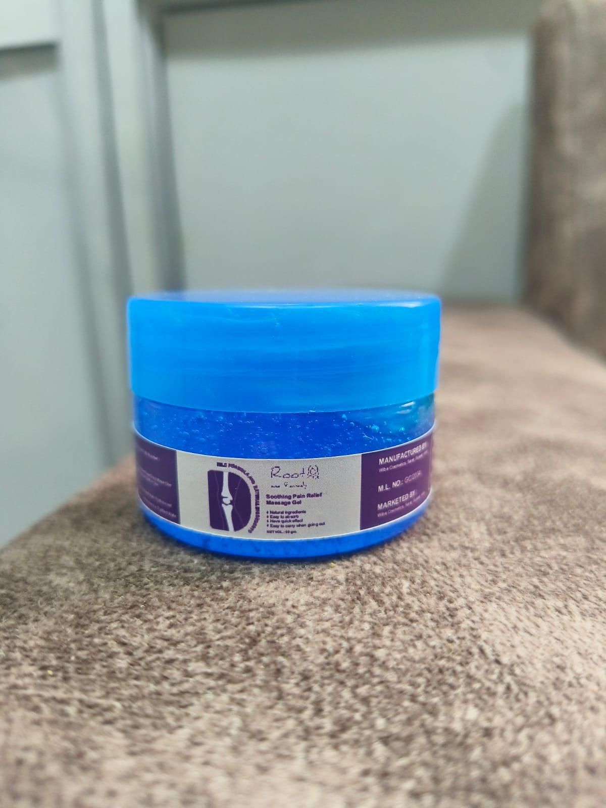 8feb97-4 Pain Relief Gel in a blue container for soothing muscle aches and discomfort