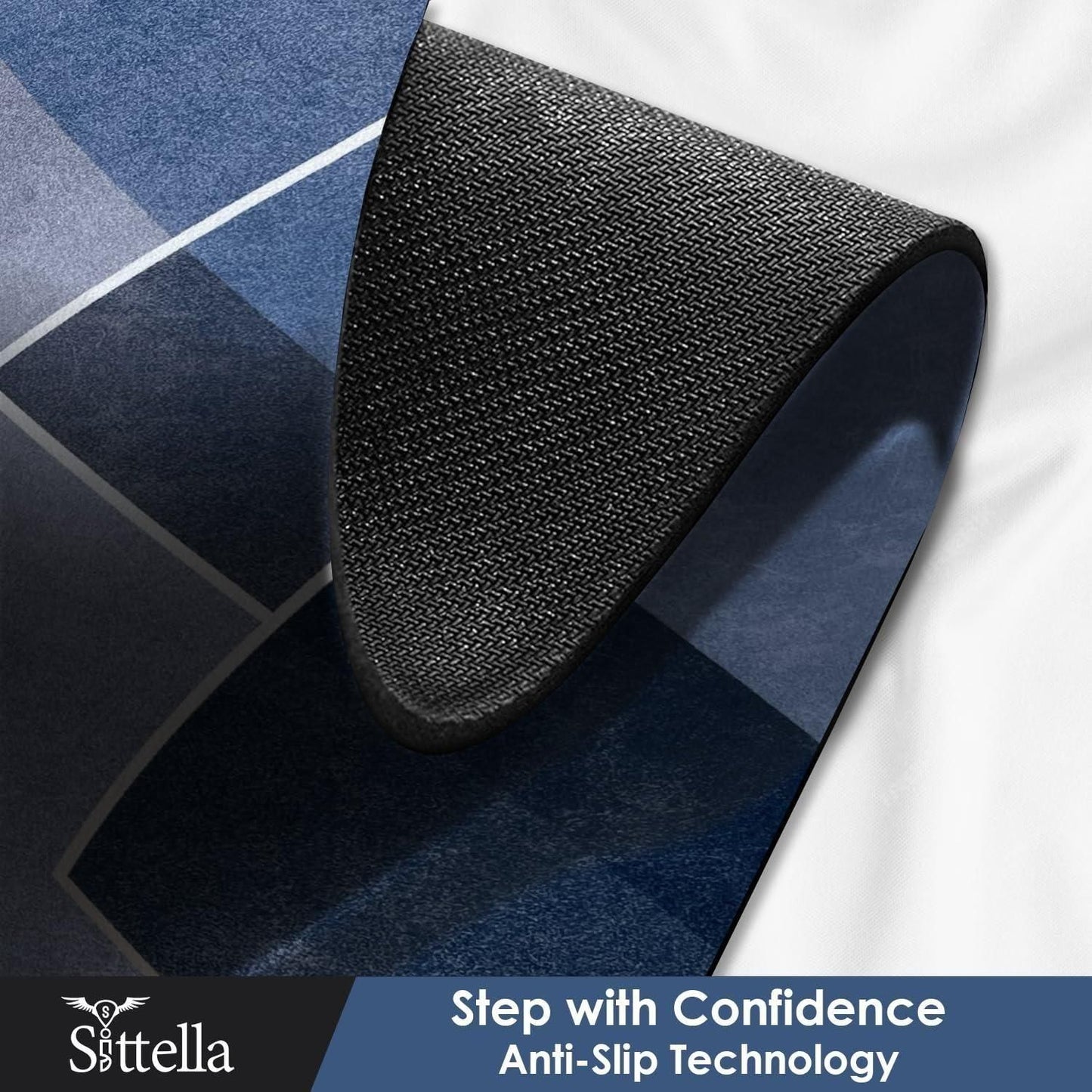 Rubber floor mat with geometric pattern in shades of blue and black featuring anti-slip backing