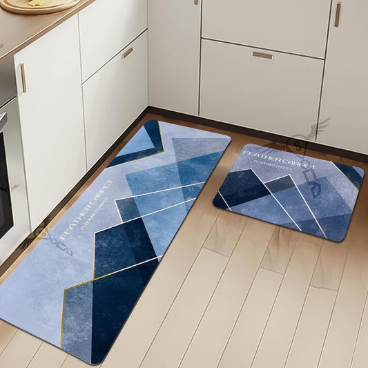 THE GIR FARMER rubber floor mat with geometric pattern in blue shades placed in a modern kitchen