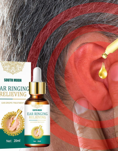 The Gir Farmer ear ringing relief drops with dropper applying drops to ear for tinnitus treatment