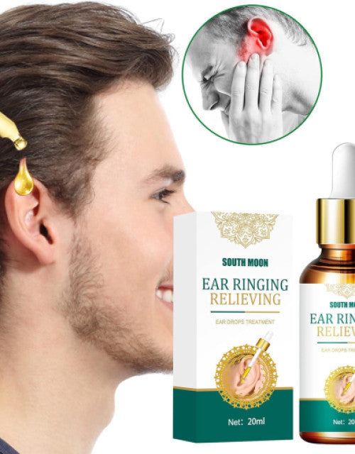 The Gir Farmer ear ringing relief drops showing a man using ear drops to relieve ear ringing pain