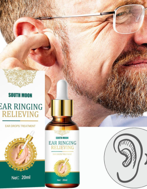 The Gir Farmer ear ringing relief drops bottle and packaging alongside man touching his ear for ear ringing relief