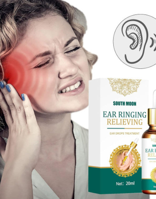 Woman experiencing ear pain with South Moon ear ringing relief drops product bottle and packaging