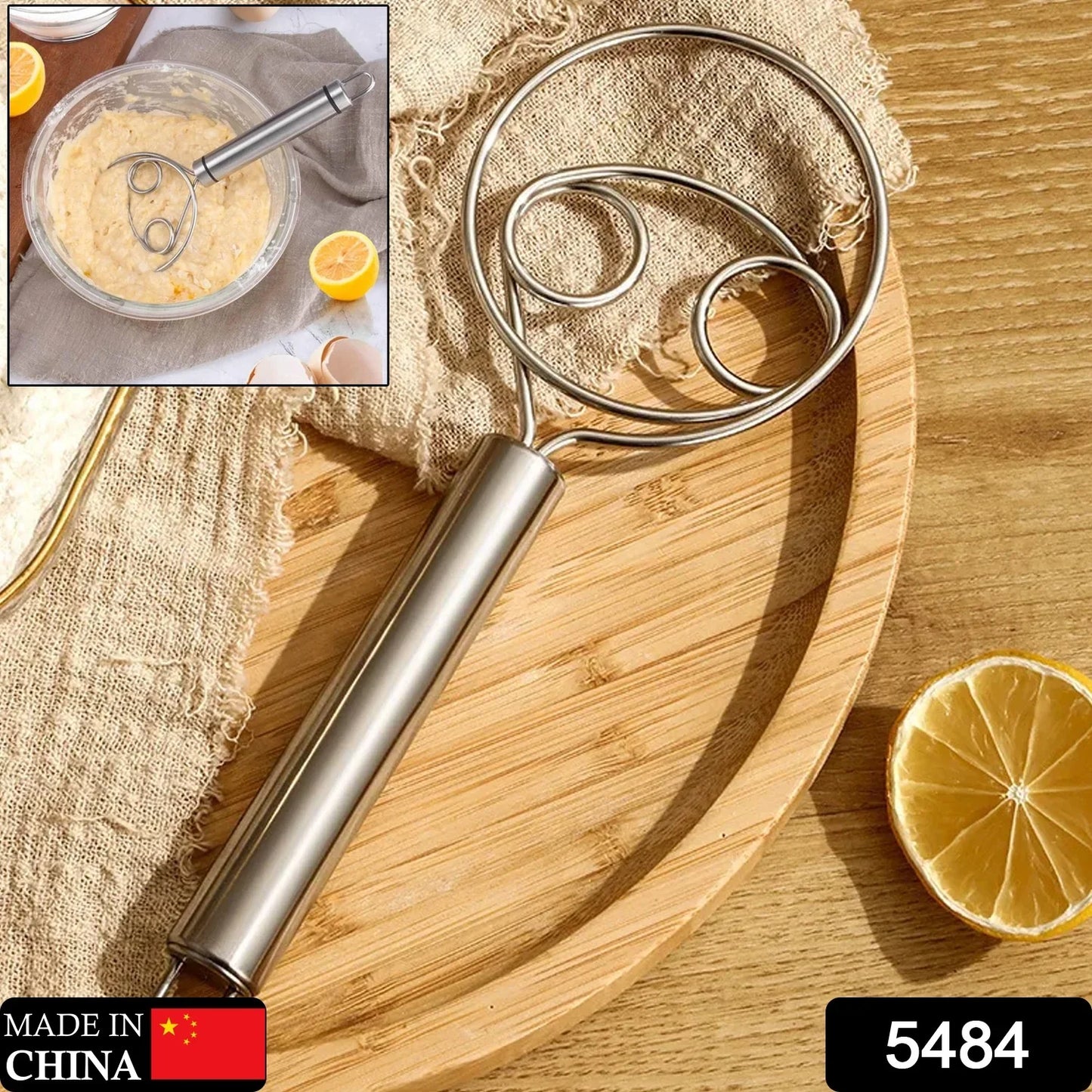 Stainless steel best kitchen tool for pizza dough mixing with ergonomic handle on wooden board