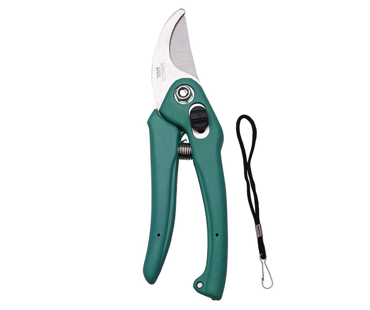 stainless steel garden scissors with ergonomic green handles and safety latch