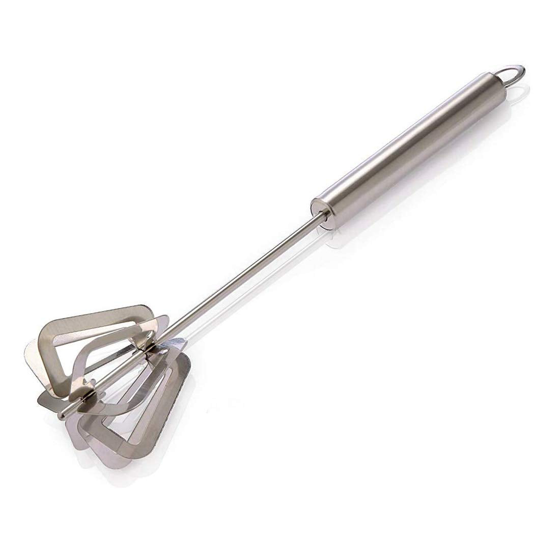 Stainless steel hand blender with ergonomic handle and unique whisk design for kitchen use