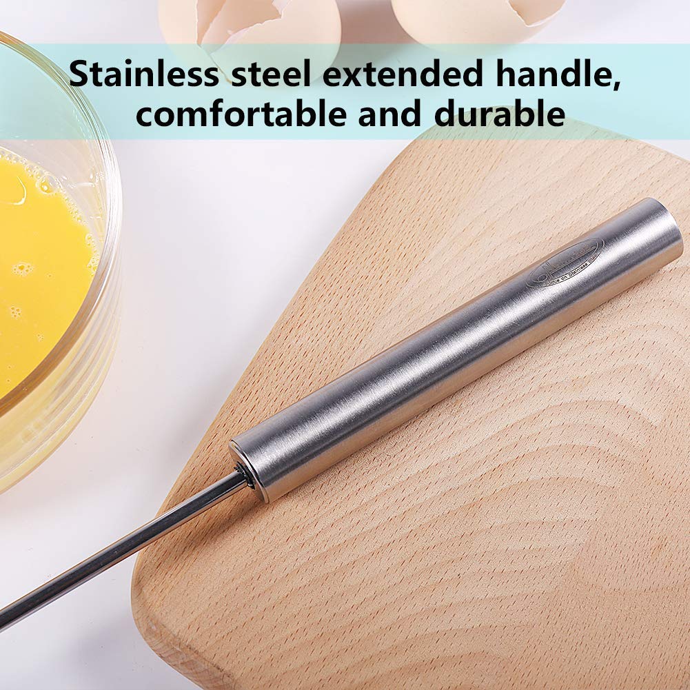 Stainless steel hand blender with extended handle on wooden board near bowl with beaten eggs