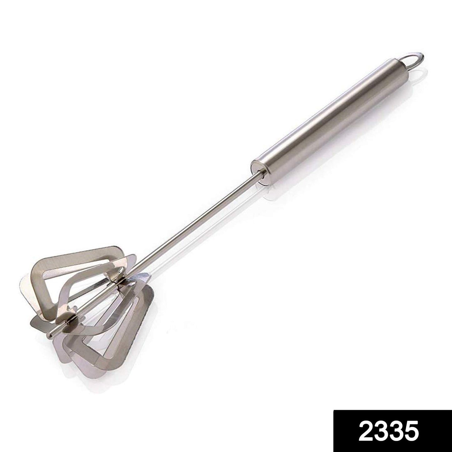 Stainless steel hand blender with ergonomic handle and unique blending blades for kitchen use