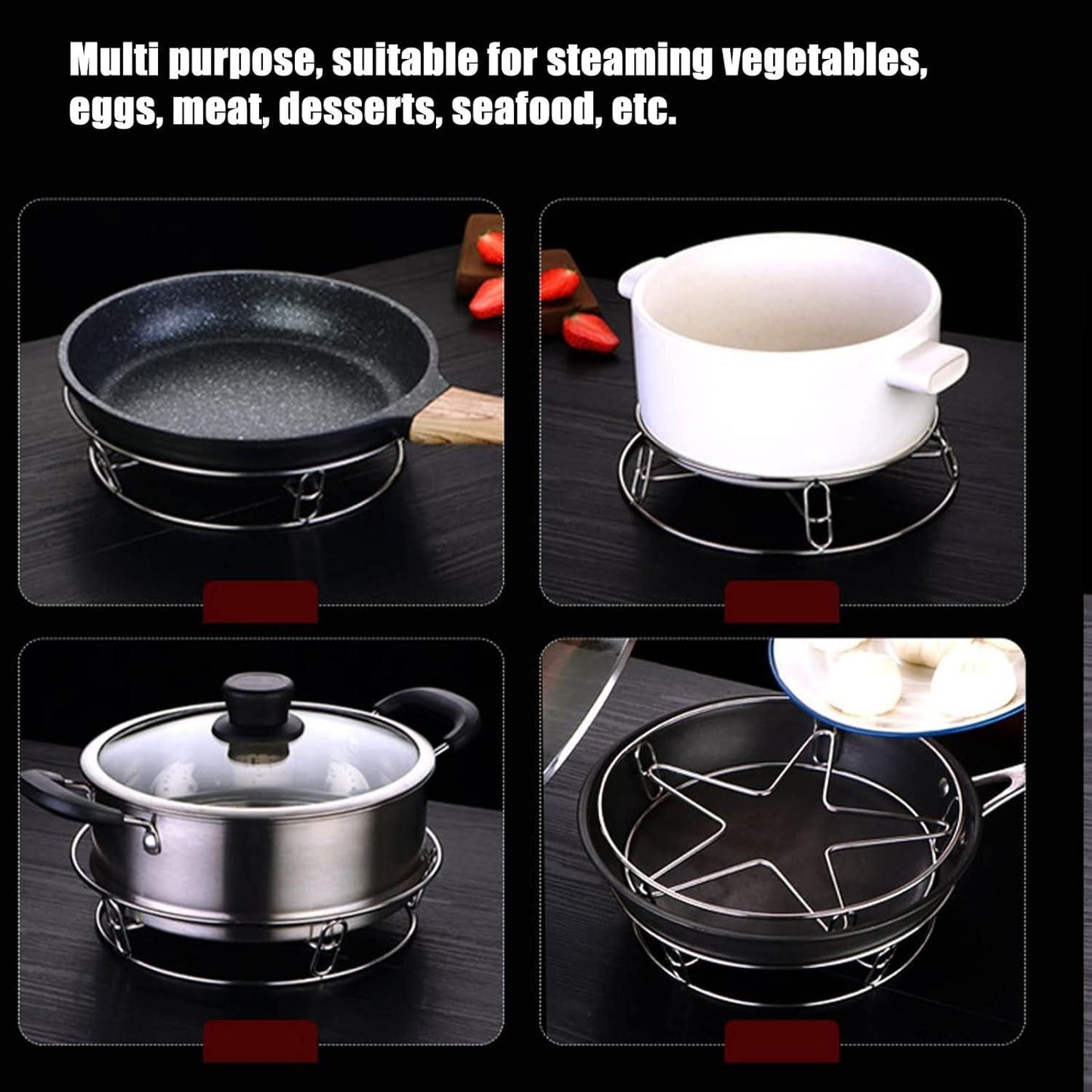 THE GIR FARMER stainless steel pot rack shown holding various cooking pots and pans for steaming vegetables and meat