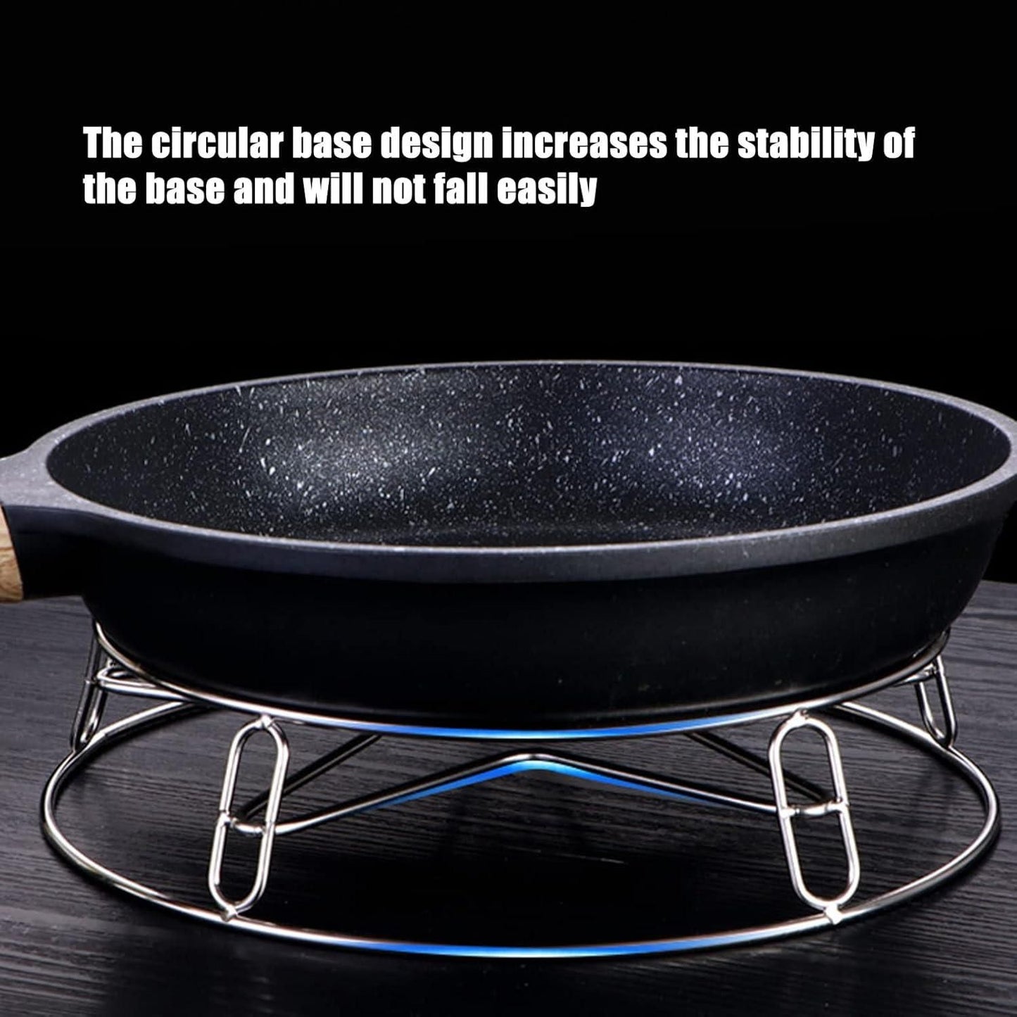 THE GIR FARMER stainless steel pot rack with circular base holding a black frying pan for stability