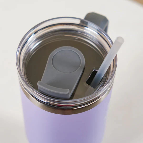 The Gir Farmer lavender insulated sipper bottle with straw clear flip lid handle and stainless rim