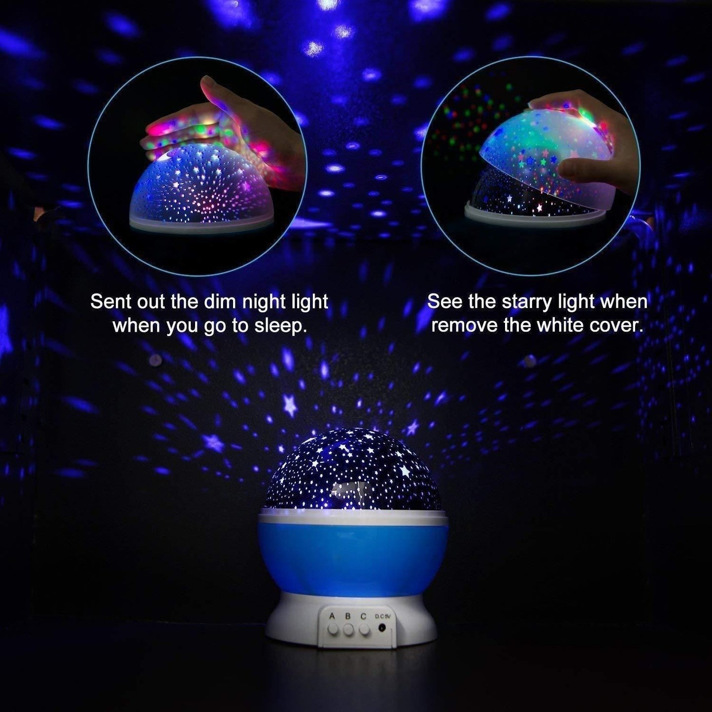 Star master galaxy projection lamp showing colorful starry light projections with removable white cover