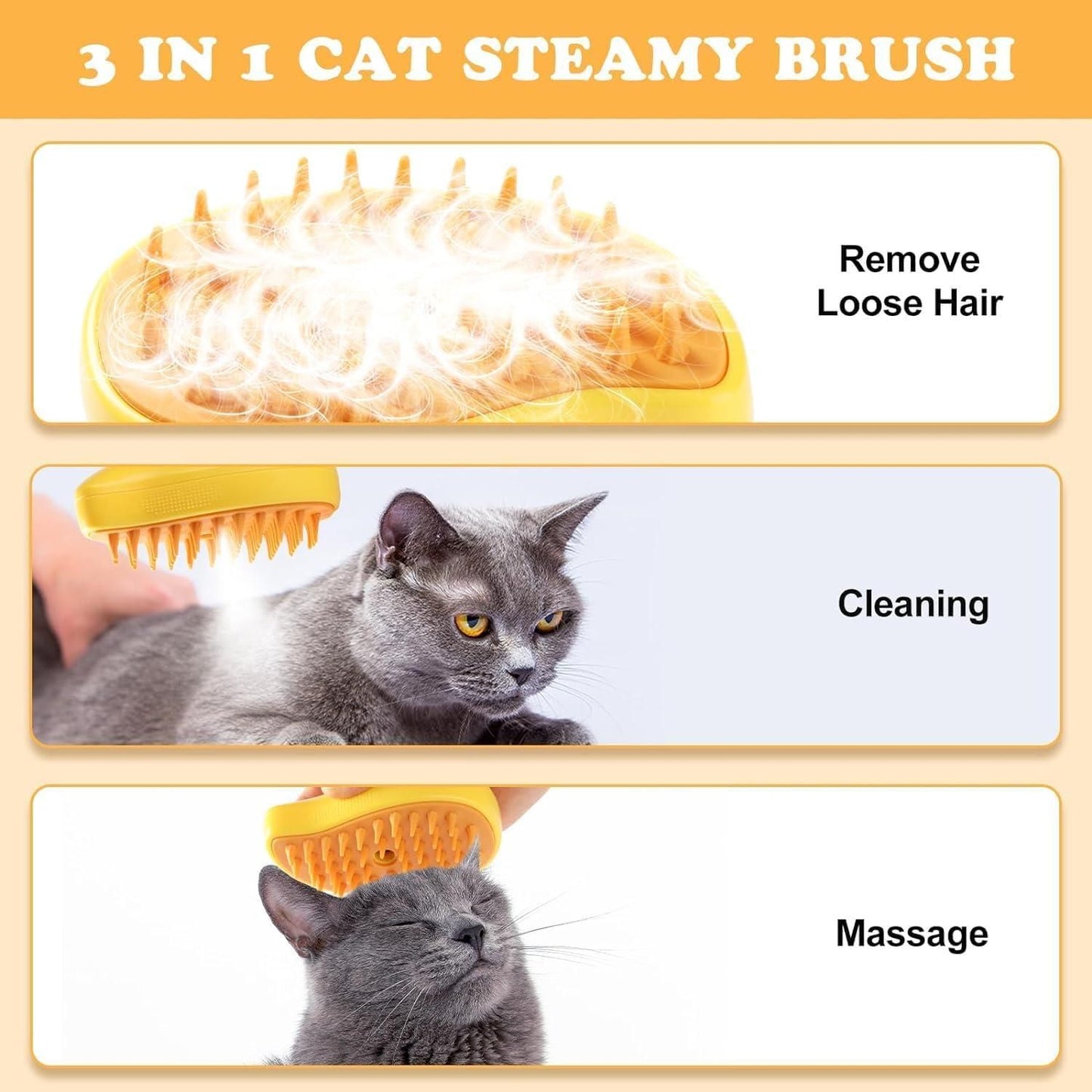3 in 1 Cat Steamy Brush for removing loose hair, cleaning, and massaging your cat