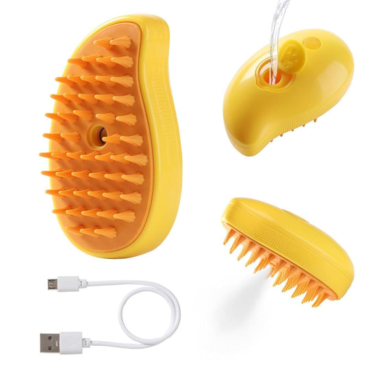 Yellow steaming pet hairbrush with multiple bristles and USB charging cable for easy grooming