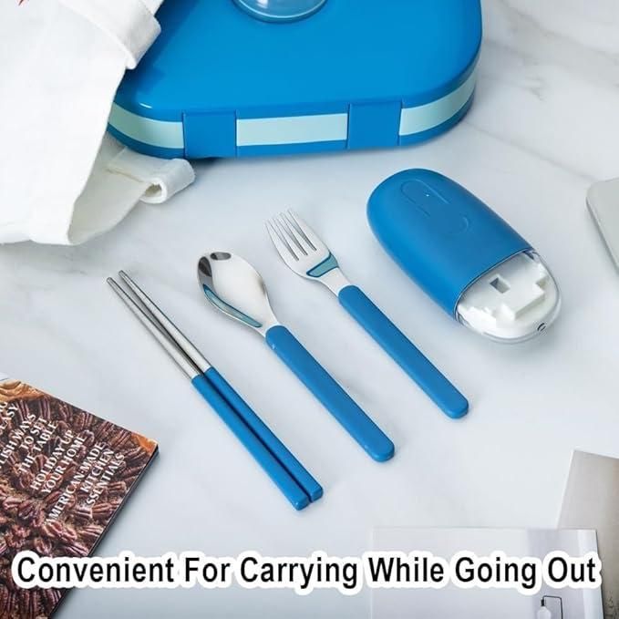 Blue travel cutlery set with fork, spoon, chopsticks, and compact carrying case on white surface