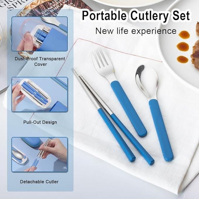 Travel cutlery set with blue handles including fork, spoon, chopsticks, and portable dust-proof transparent cover