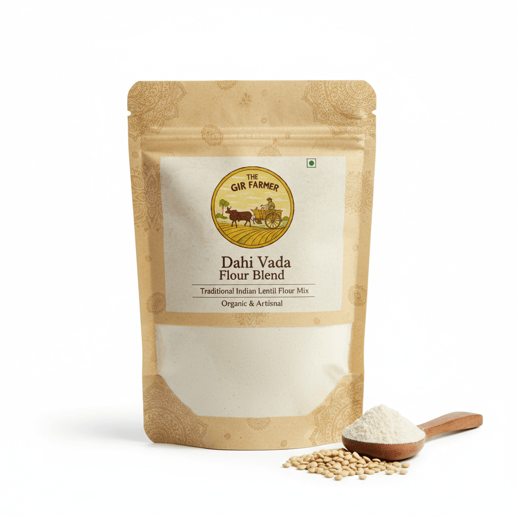 The Gir Farmer Dahi Vada Flour Blend in a kraft pouch, perfect for making traditional Indian snacks