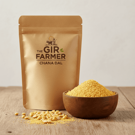 THE GIR FARMER Organic Chana Dal Flour in a brown pouch beside a bowl of yellow flour for cooking