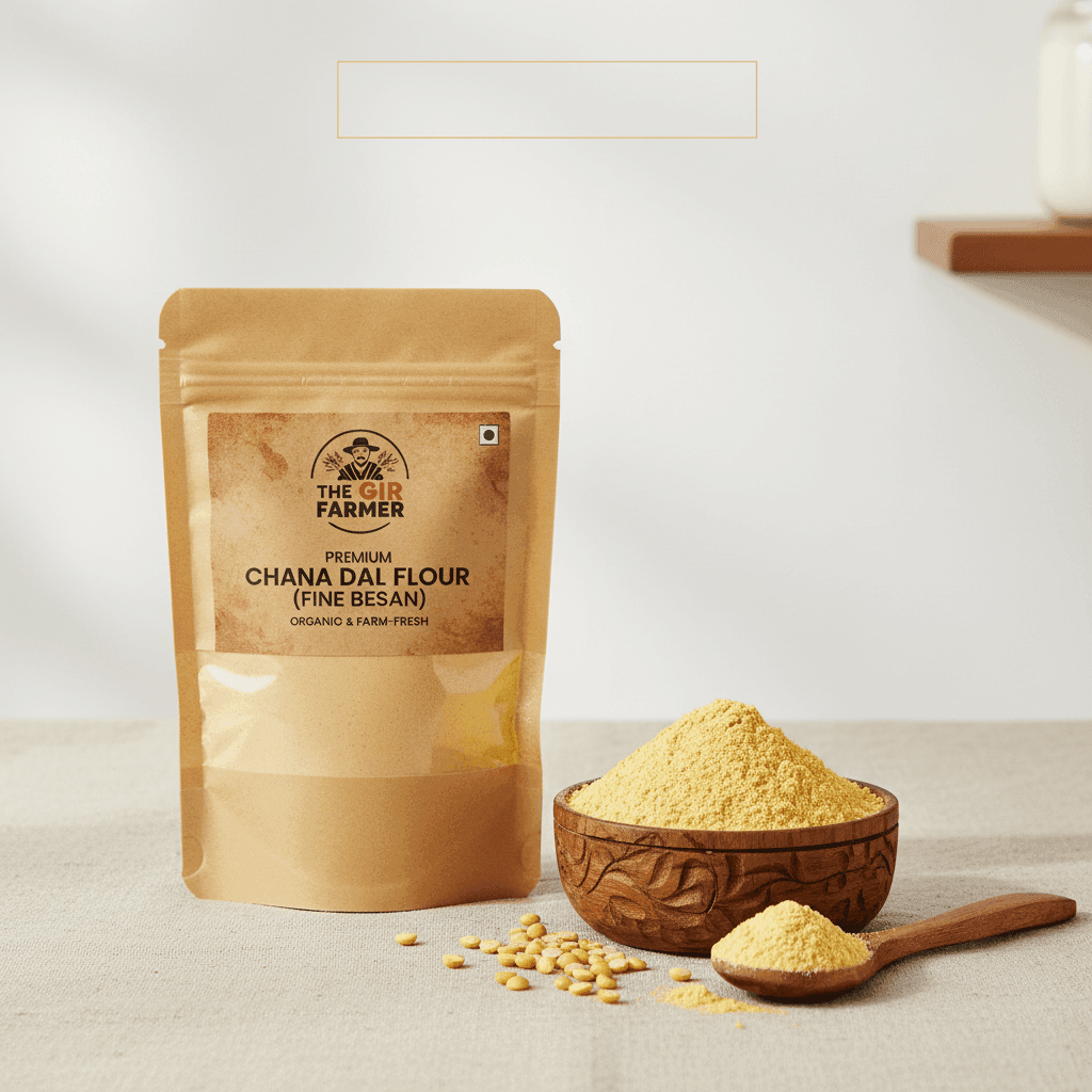 Premium Organic Chana Dal Flour in a brown pouch, ideal for making Indian dishes like besan chilla