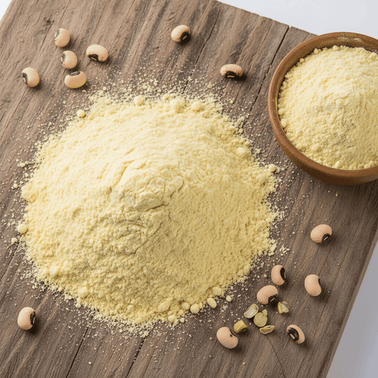Organic Chorafali Flour in a mound with black-eyed peas on wooden board, great for traditional Indian snacks.