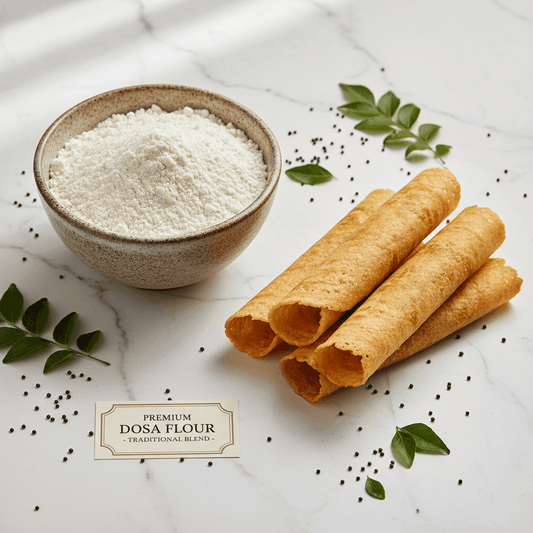 Organic Dosa Flour in a bowl with crispy dosa rolls, perfect for traditional Indian meals