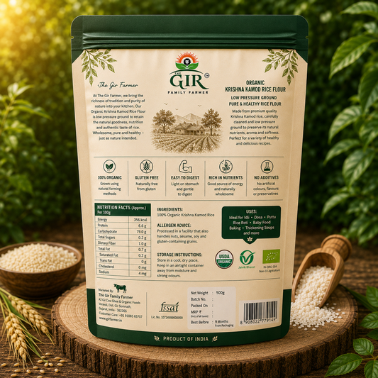 Organic Krishna Kamod Rice Flour in a green resealable bag, ideal for healthy cooking and baking