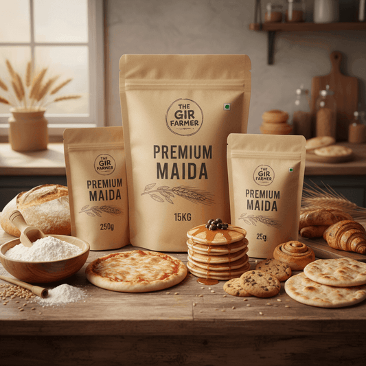 The GIR FARMER Organic Maida in various sizes with fresh baked goods like bread, cookies, and pizza on a wooden table