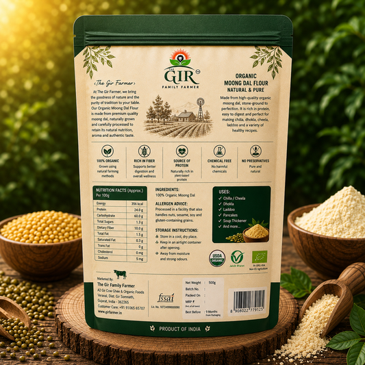 Organic Moong Dal Flour in eco-friendly packaging, ideal for healthy cooking and baking.