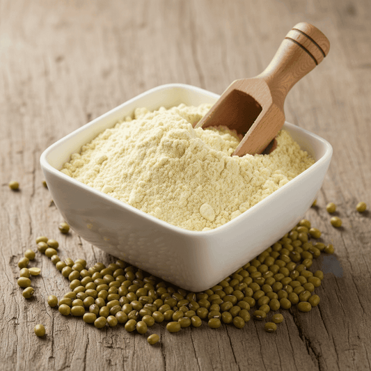 White Organic Moong Dal Flour in a bowl with wooden scoop, ideal for healthy recipes