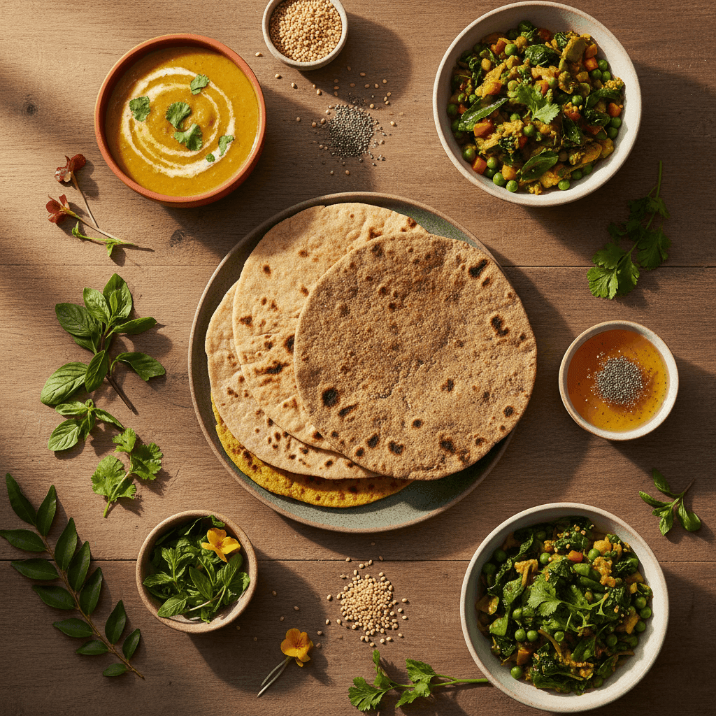 Organic Multi Millet Flour displayed with dishes including flatbreads, salads, and dips on a wooden table